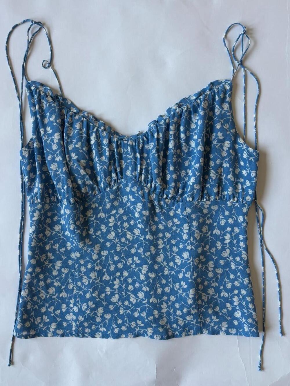 REFORMATION BLUE FLORAL RUCHED TIE STRAP CAMI TOP